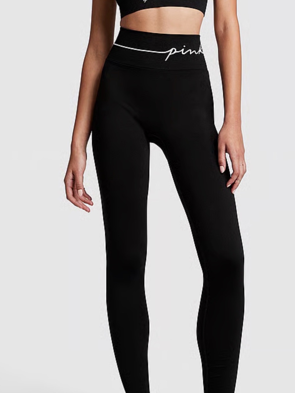 PINK Victoria's Secret Black Leggings with White Waist Script